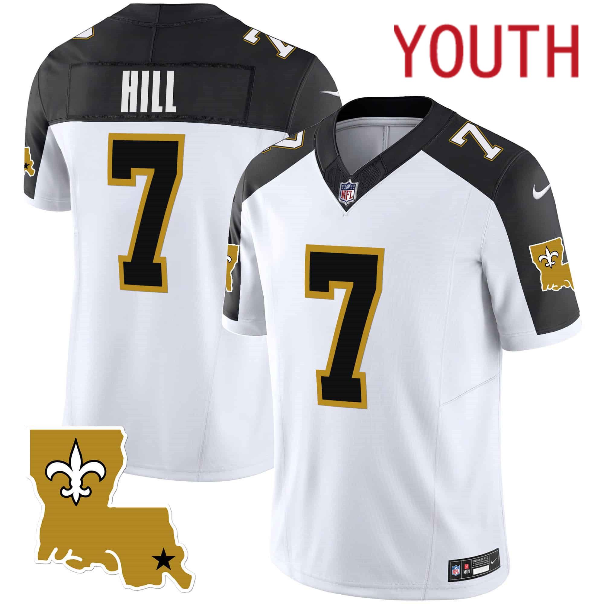 Youth New Orleans Saints #7 Hill White 2024 Nike 1987 Legacy Vapor Limited NFL Jersey style 1